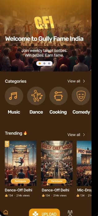 Gully Fame India home screen showing categories and trending battles
